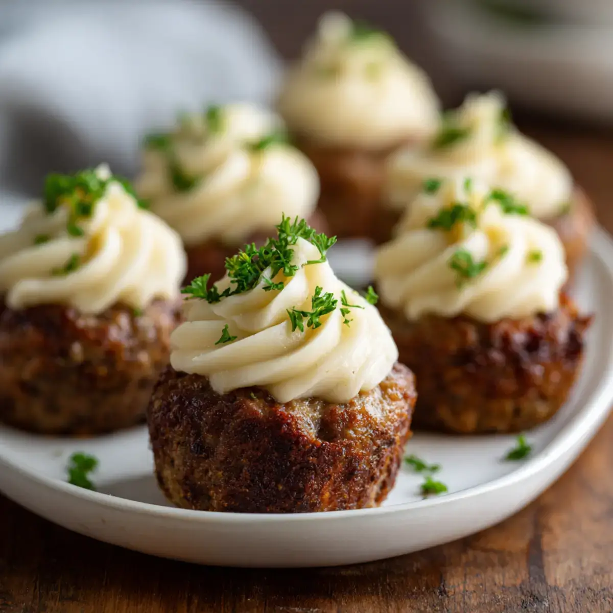 Mini Meatloaf Muffins with Mashed Potato Frosting served warm on plate