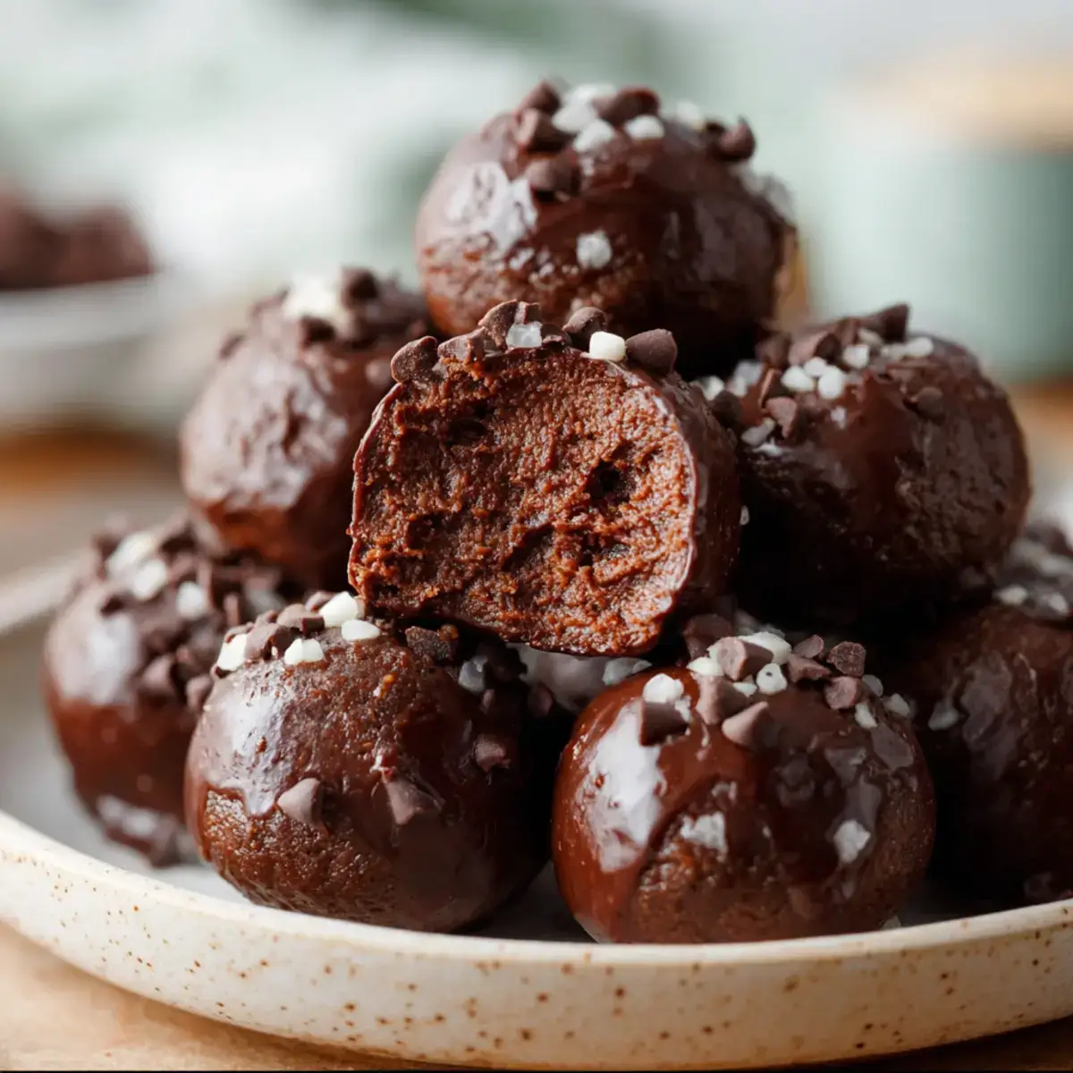 No-Bake Cottage Cheese Brownie Batter Bites stacked on plate