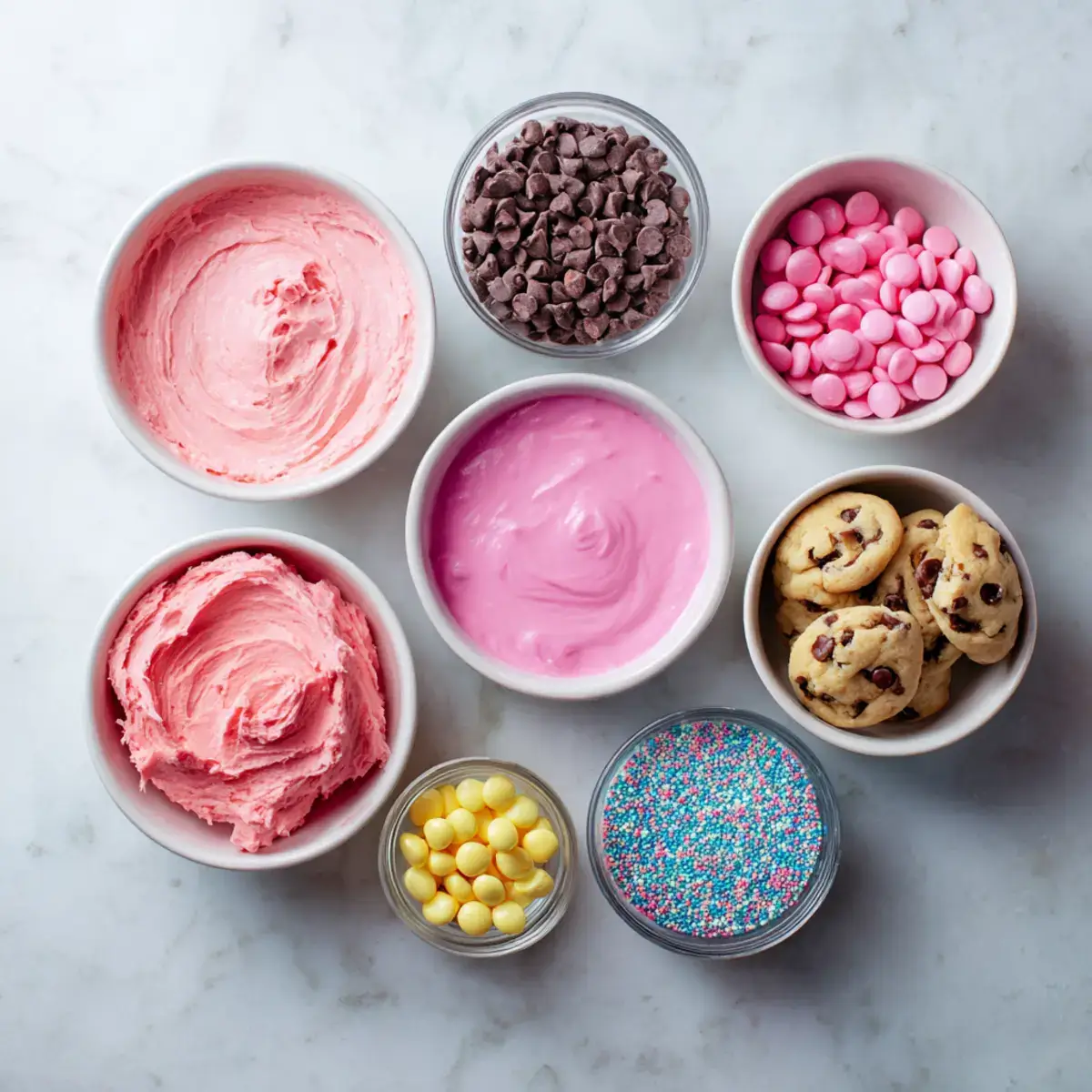 Ingredients for Pink Chocolate-Chip Cookie Dough Brownie Bites