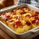 Pizza Style Cottage Cheese Bake in a ceramic dish