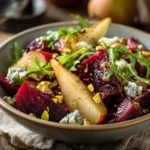 Roasted Beet & Pear Salad Bowl with blue cheese and pistachios