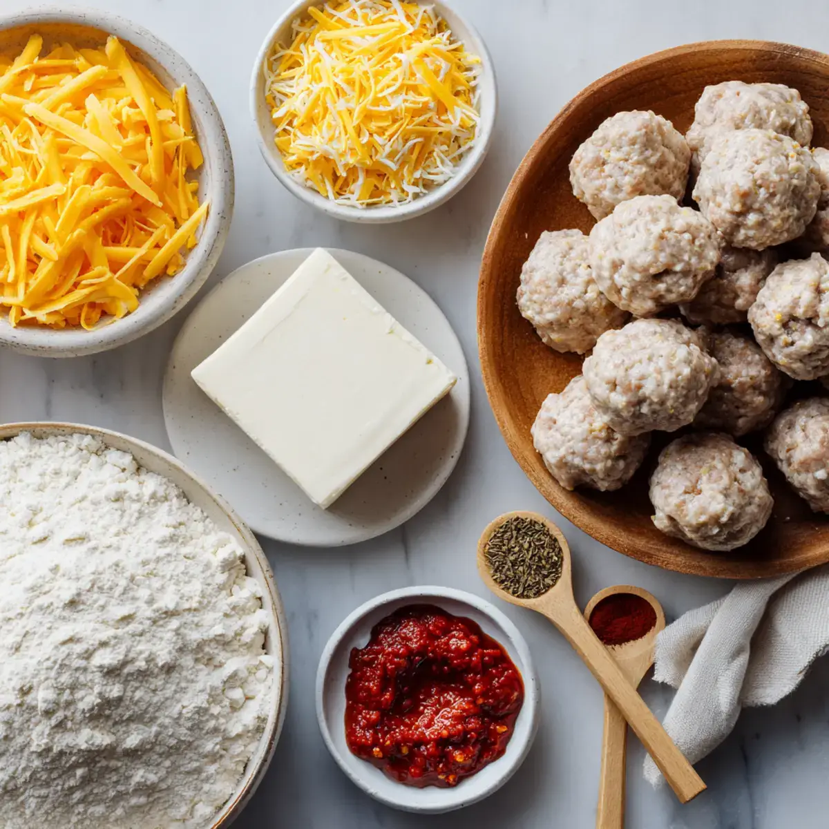 Rotel Cream Cheese Sausage Balls ingredients flat lay