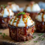 Smoky Bourbon BBQ Bacon-Wrapped Meatloaf Cupcakes with mashed potato frosting