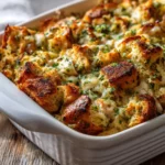 4 ingredient chicken and stuffing casserole baked golden in ceramic dish