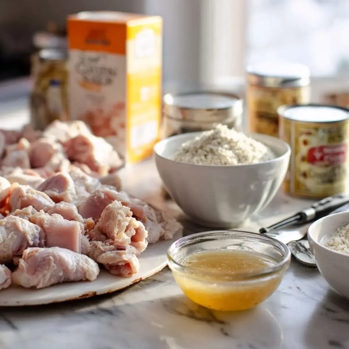 Ingredients for 4 ingredient chicken and stuffing casserole on countertop