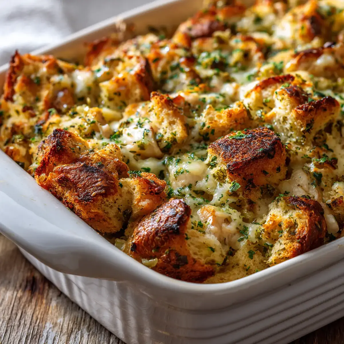 4 ingredient chicken and stuffing casserole baked golden in ceramic dish