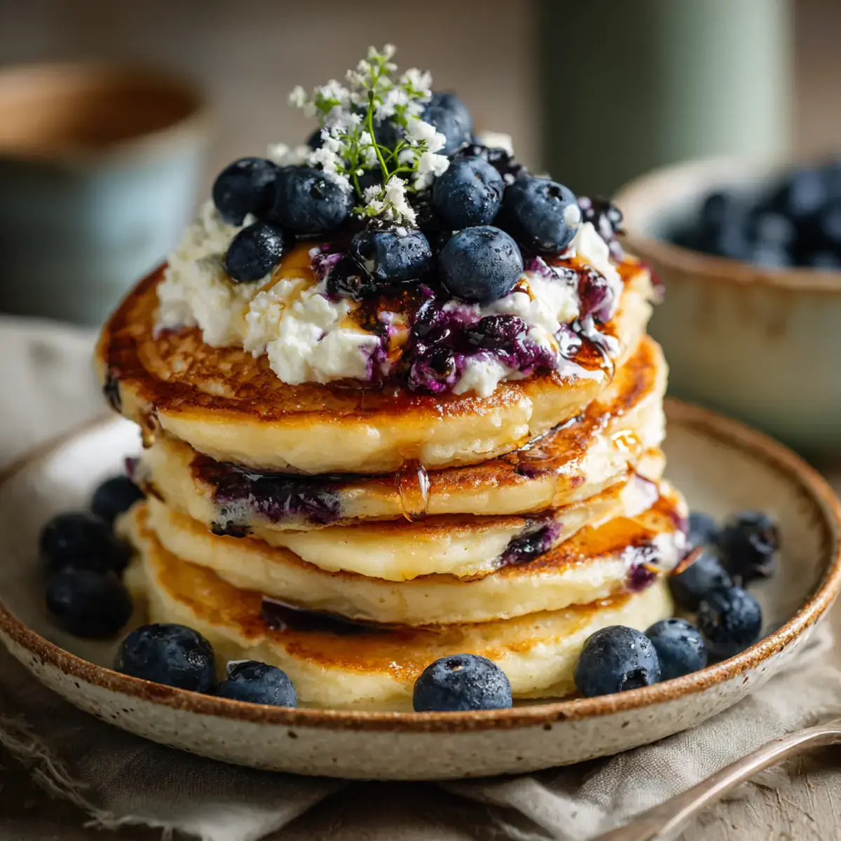 Fluffy blueberry and ricotta hotcakes topped with syrup and berries