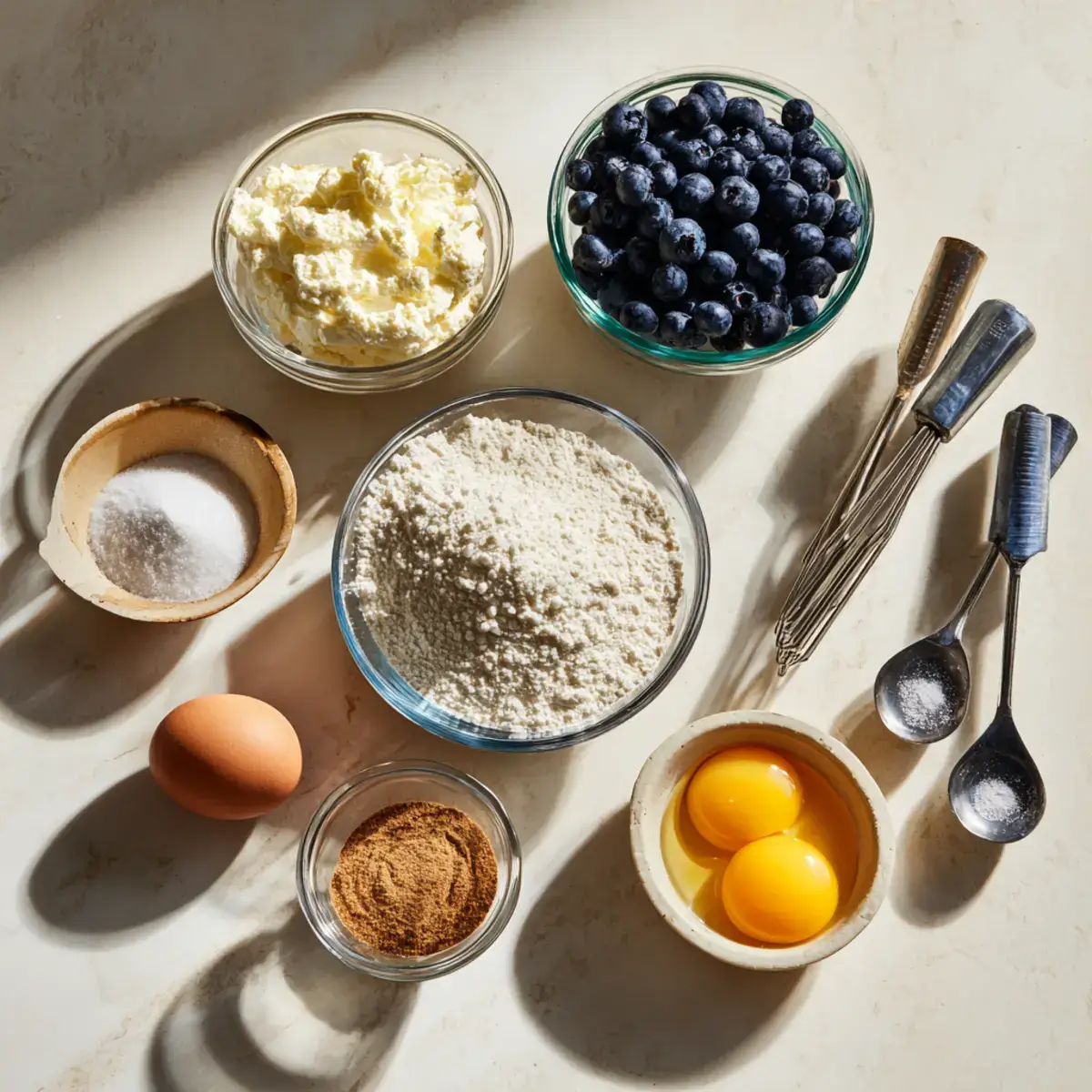 Ingredients for blueberry and ricotta hotcakes arranged on a table