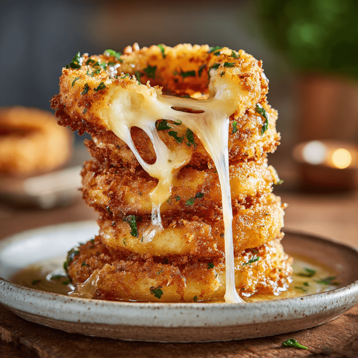 Cheesy Mozzarella Stuffed Onion Rings close-up