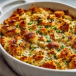 chicken casserole with cream of chicken baked golden in ceramic dish