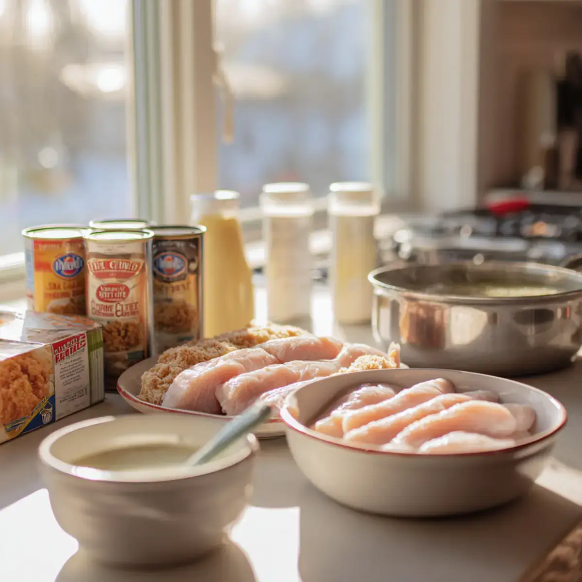 ingredients for chicken casserole with cream of chicken arranged on counter