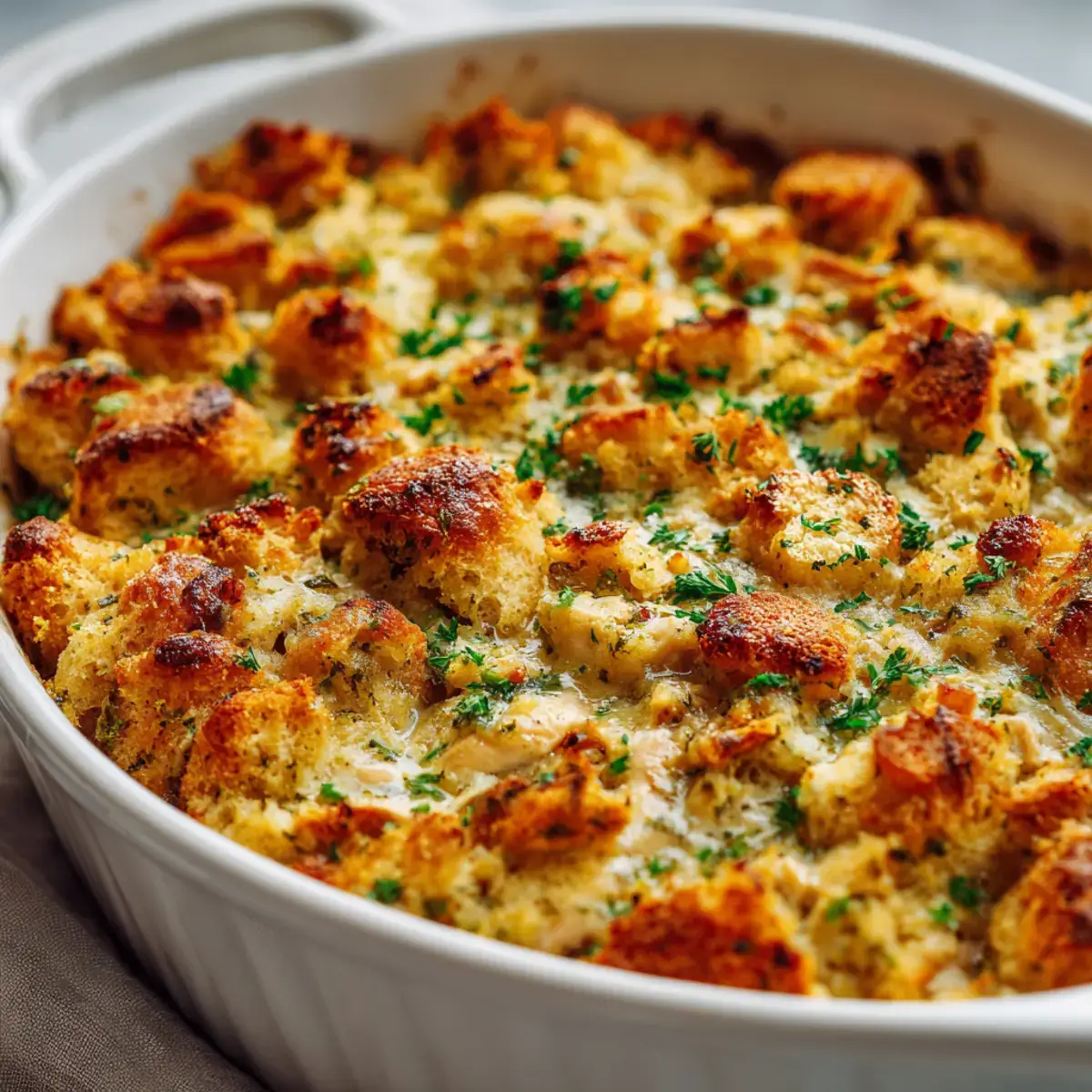 chicken casserole with cream of chicken baked golden in ceramic dish