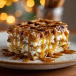 Cinnamon Roll Apple Lasagna dessert slice dripping with caramel sauce