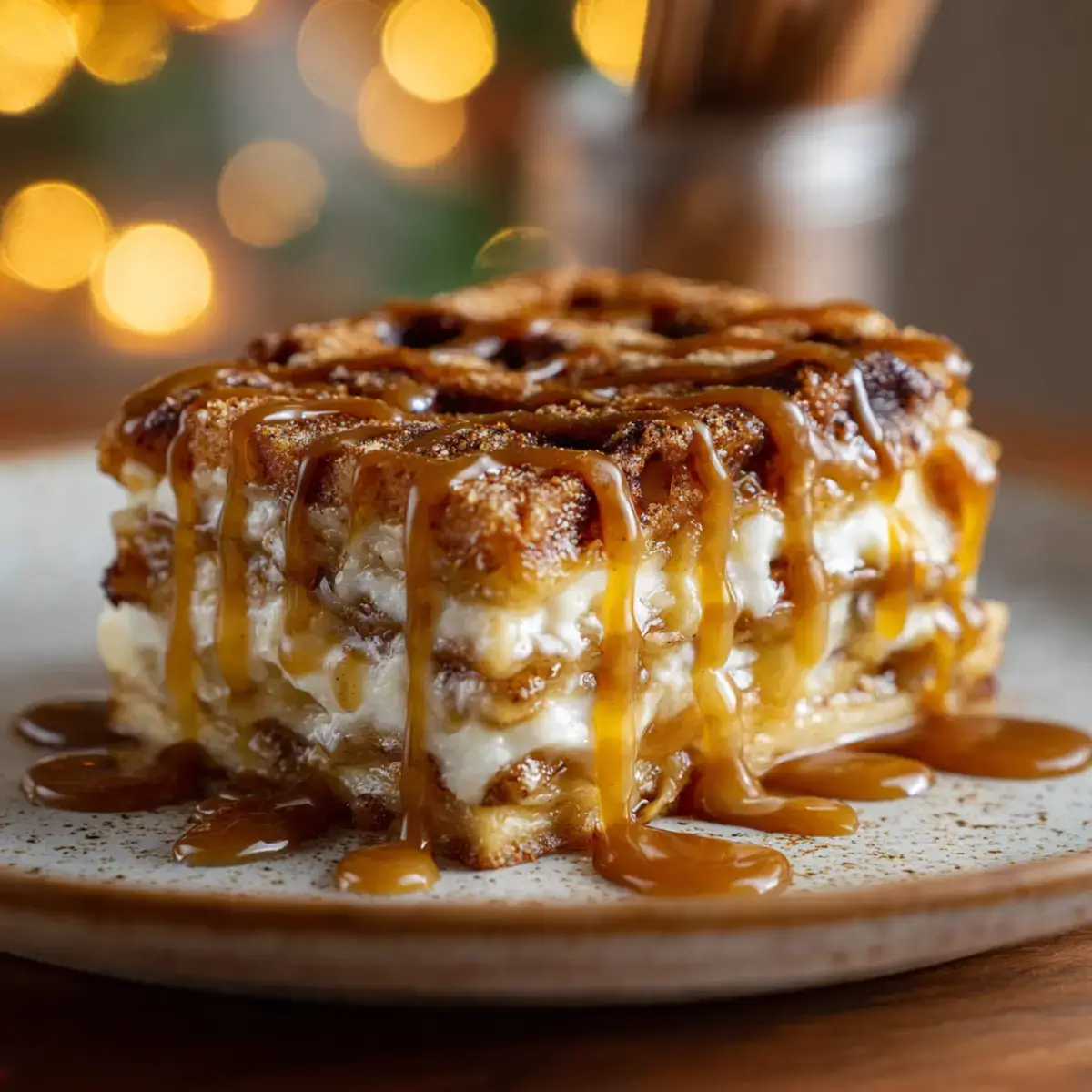 Cinnamon Roll Apple Lasagna dessert slice dripping with caramel sauce