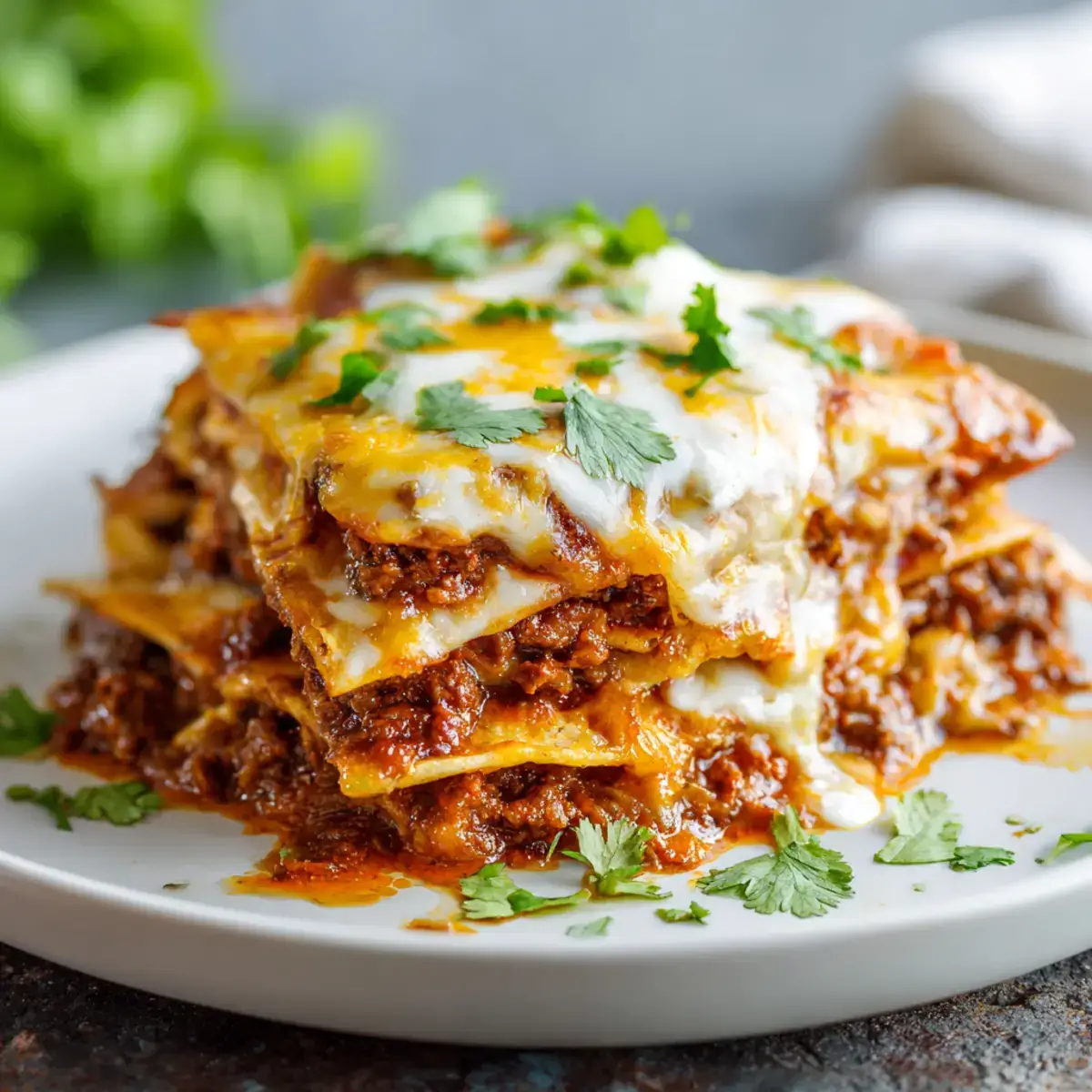 Crock Pot Beef Enchilada Casserole served with cheese and sauce