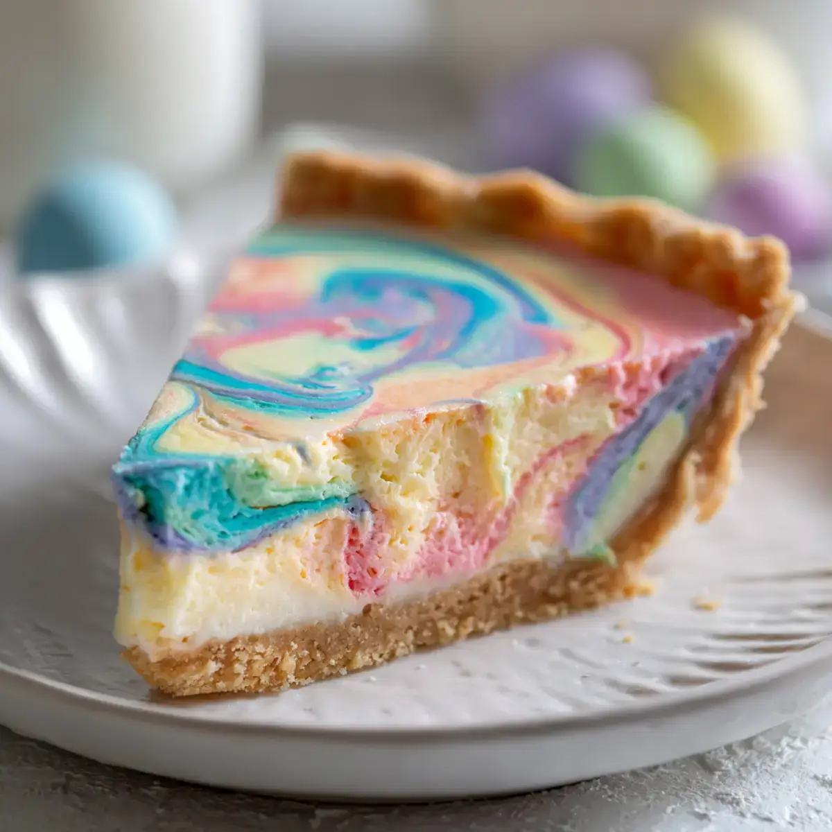 easter swirl pie with colorful cheesecake filling