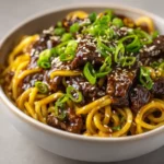 Easy Beef Teriyaki Stir Fry with Noodles in glossy sauce