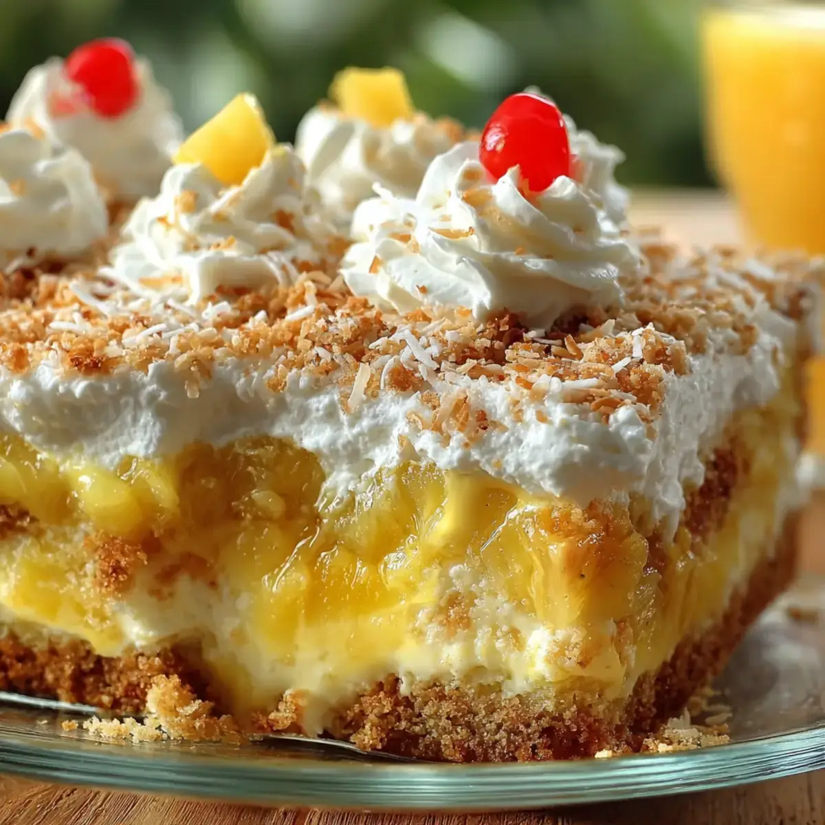 Hawaiian Pineapple Cake with whipped topping and coconut