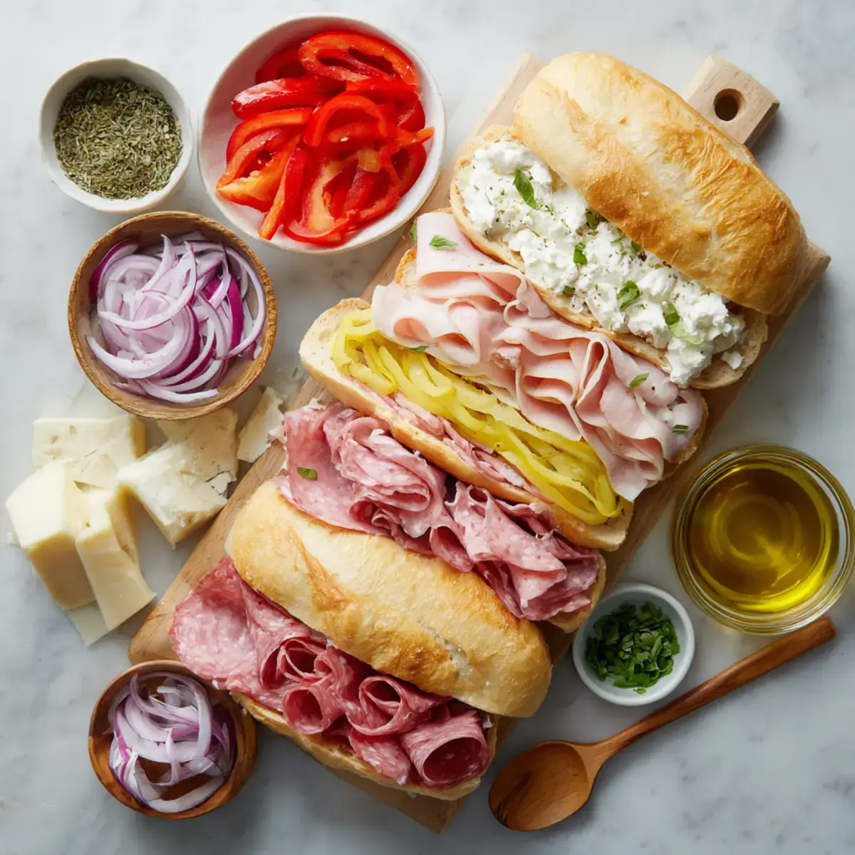 Ingredients for loaded Italian subs topped with peppers and onions