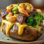Loaded Baked Potato with Steak, Shrimp, Broccoli, and Cheese Sauce