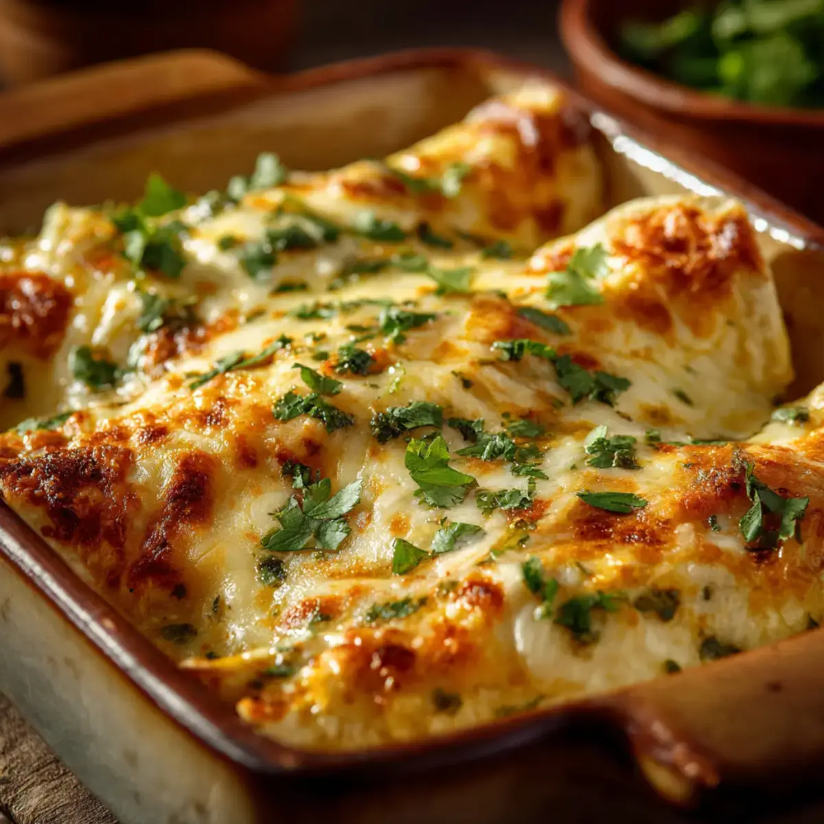 Mexican Green Chile, Chicken & Cheese Enchiladas baked