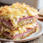 Reuben Casserole baked with rye bread, pastrami, sauerkraut, and Swiss cheese