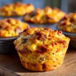 Savoury Breakfast Muffins fresh from oven with melted cheese and sausage