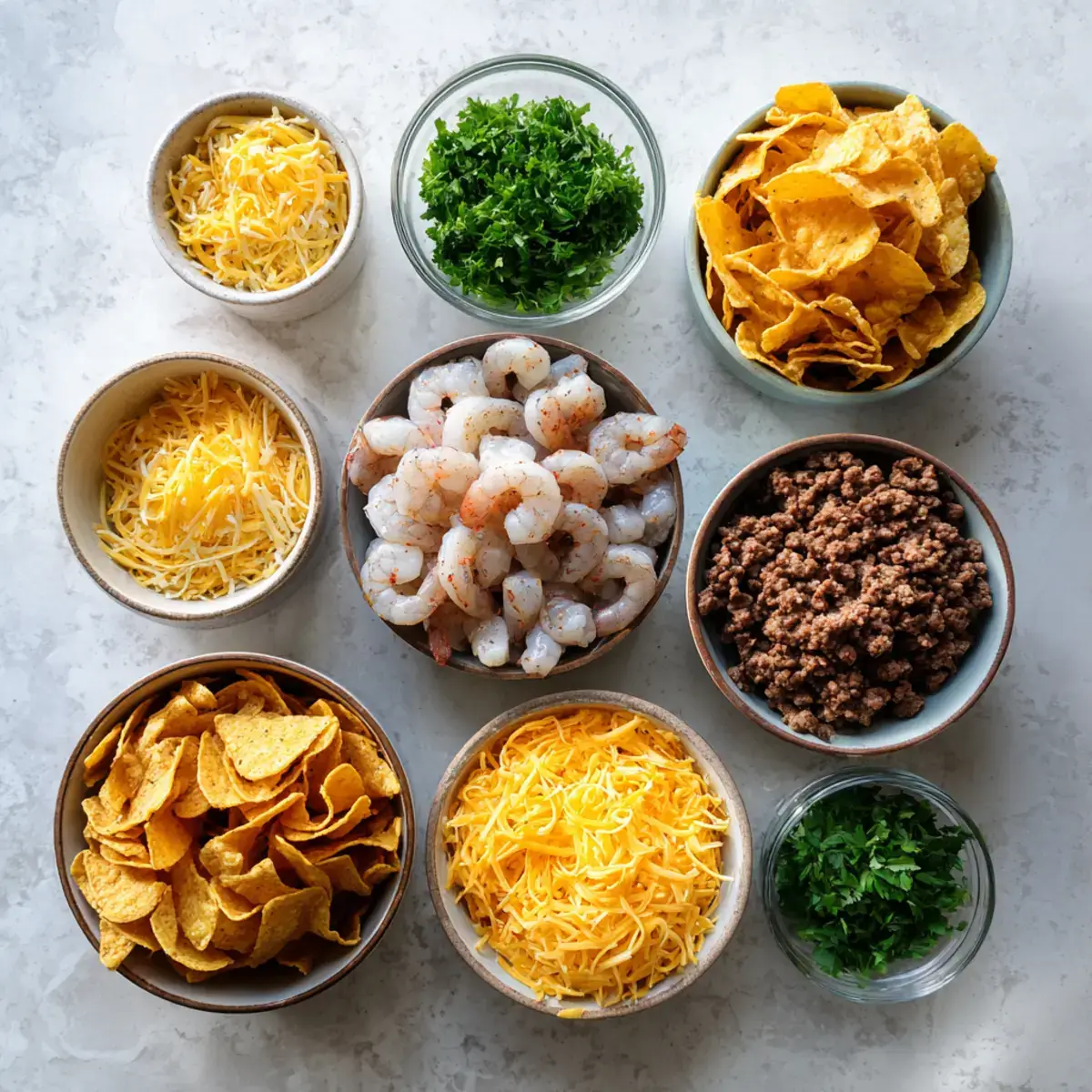 Southern Surf & Turf Nachos with Cajun shrimp and beef ingredients