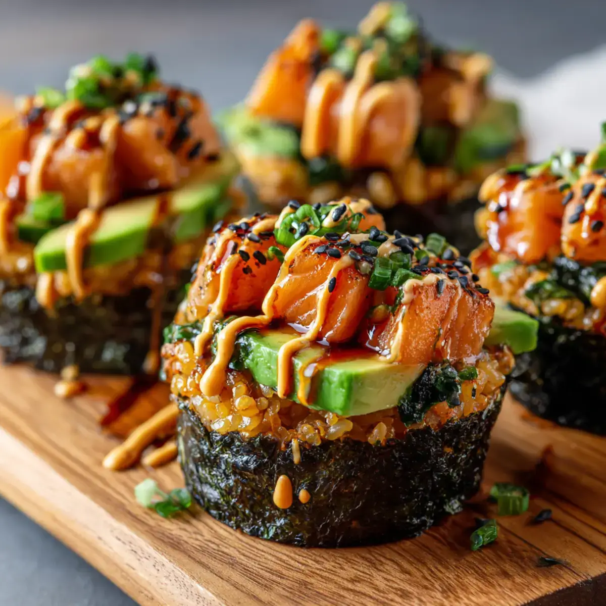 Spicy Salmon Rice Muffins with avocado and spicy mayo drizzle