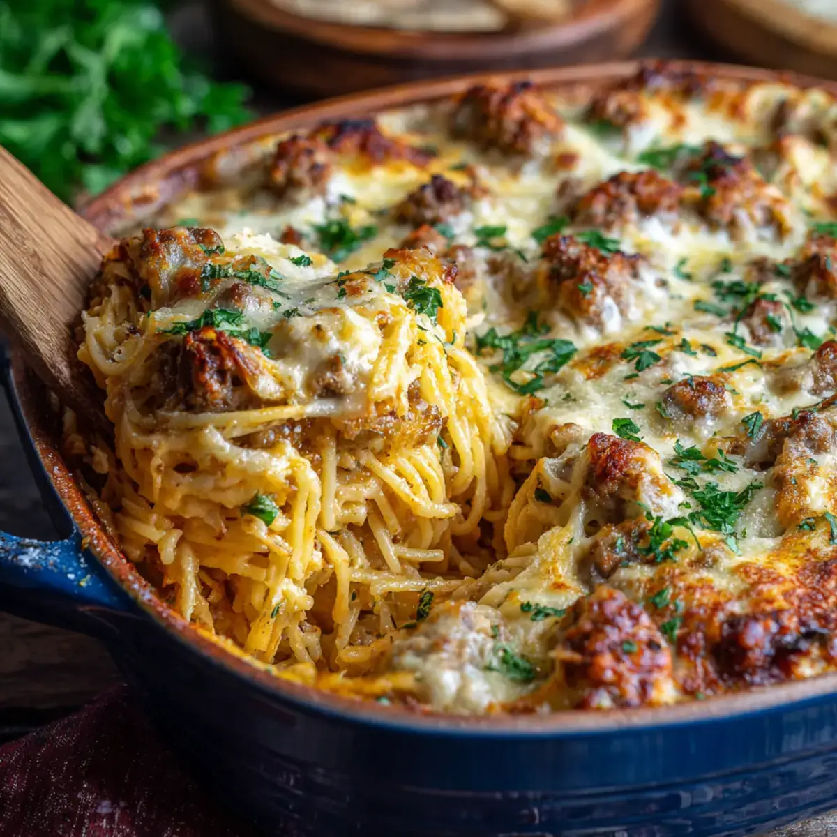 Tuscan baked spaghetti casserole with creamy sausage sauce and melted mozzarella