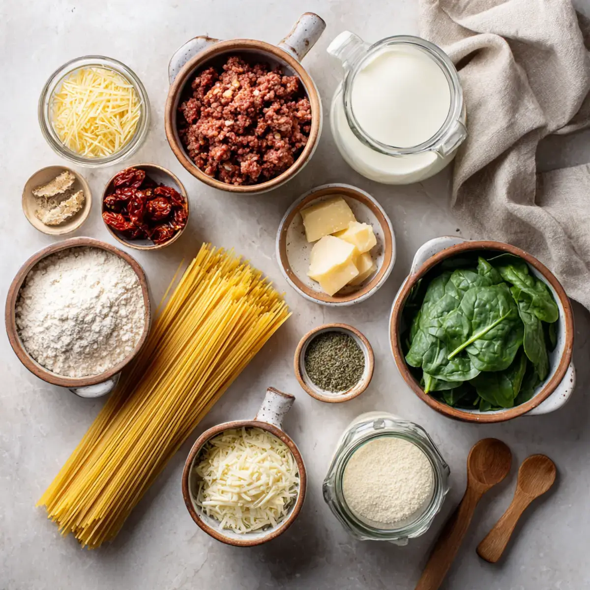 Ingredients for Tuscan baked spaghetti arranged on countertop
