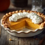 10 inch deep dish pumpkin pie slice with whipped cream and flaky crust