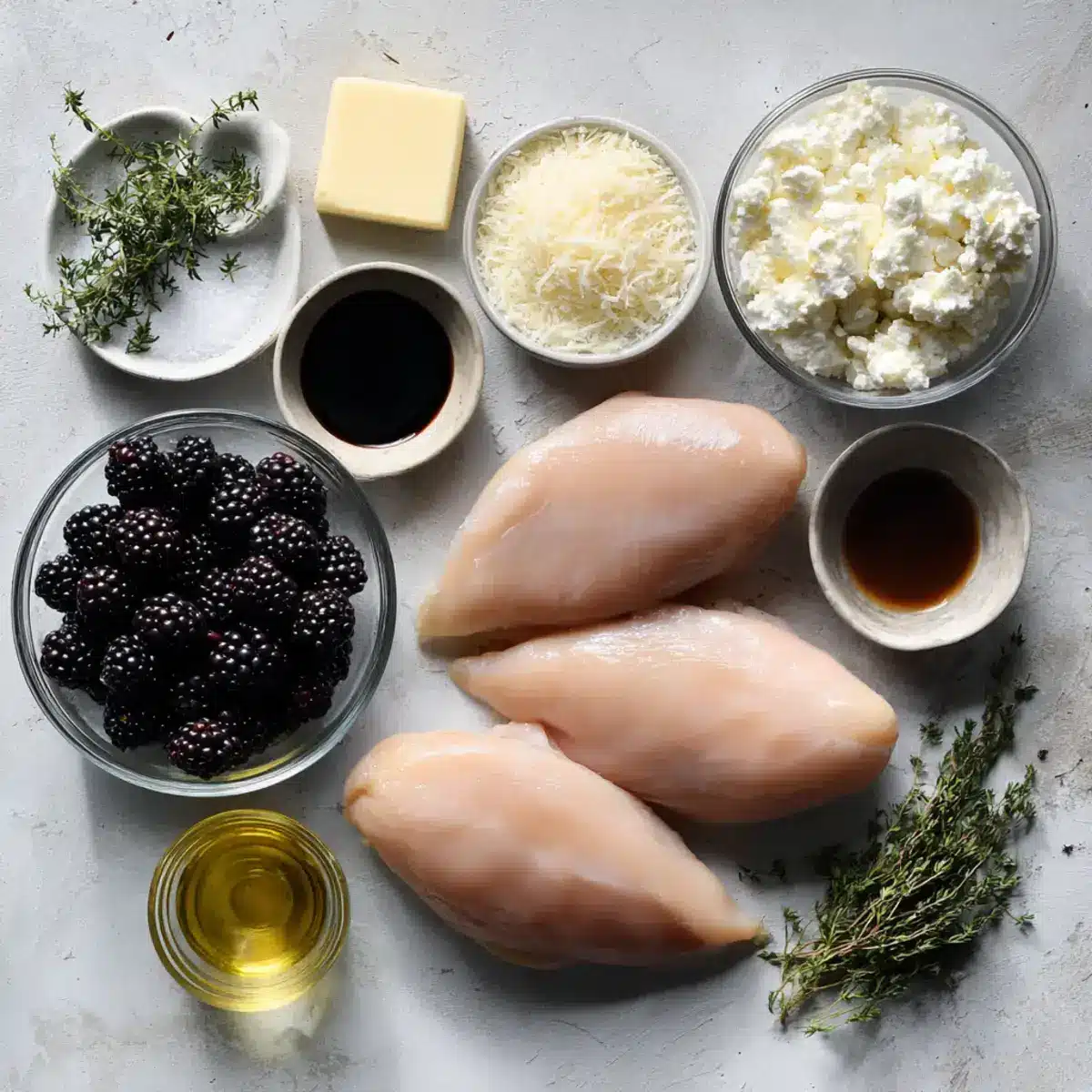 Ingredients for blackberry ricotta stuffed chicken arranged in bowls
