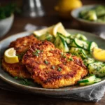 crispy chicken schnitzel served with cucumber herb salad and lemon