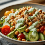 Green goddess chicken salad with crispy roasted chickpeas and avocado