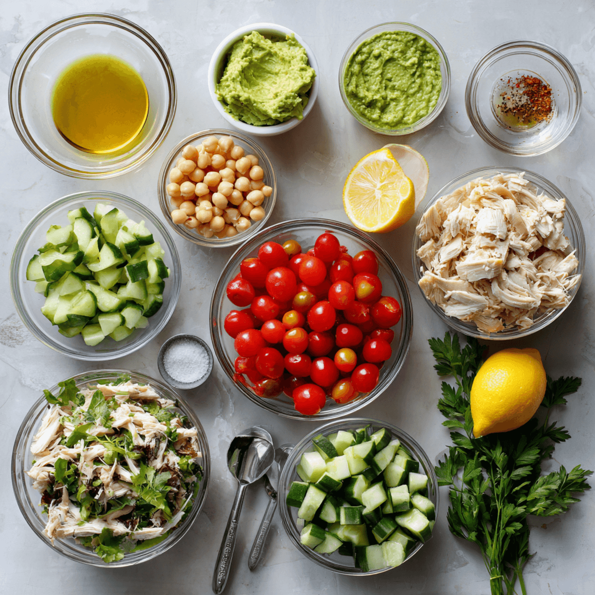 ingredients for green goddess chicken salad with herbs and chickpeas