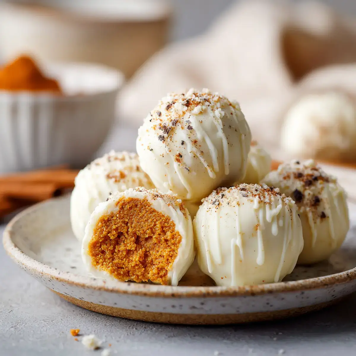no bake pumpkin cheesecake balls coated in white chocolate