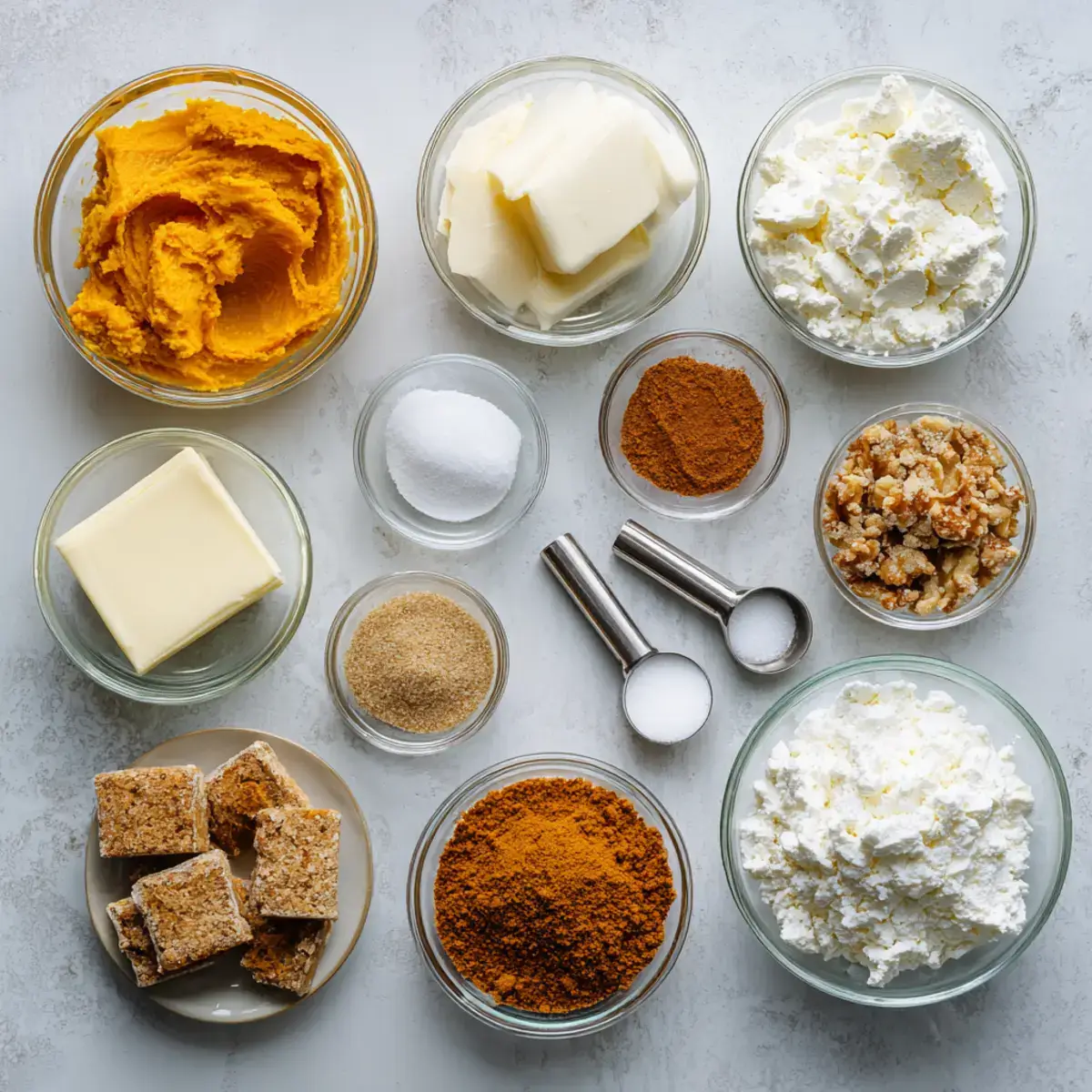Ingredients for no bake pumpkin cheesecake arranged in bowls on a countertop
