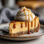Slice of no bake pumpkin cheesecake with whipped cream and gingersnap crust