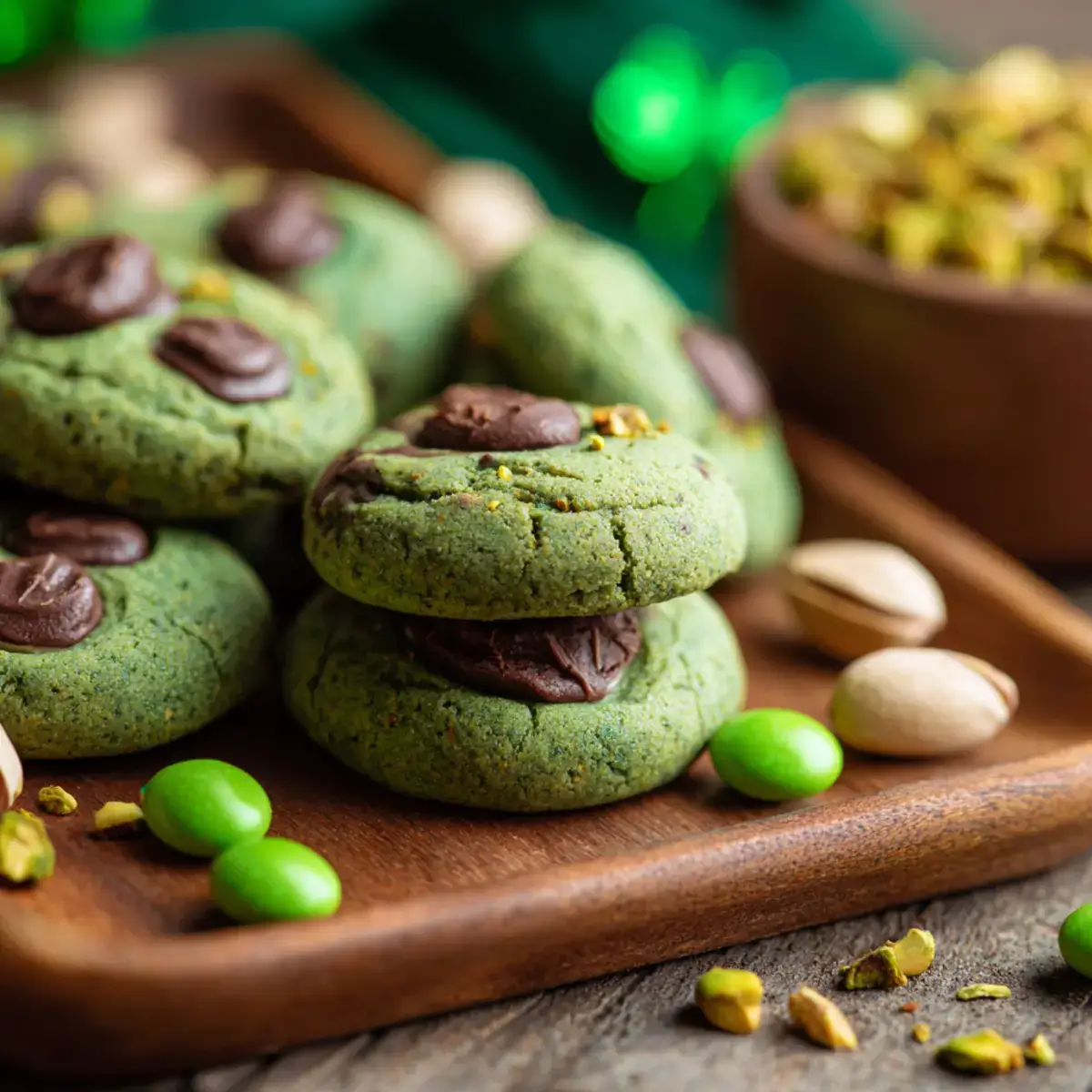 pistachio & chocolate leprechaun cookies close-up