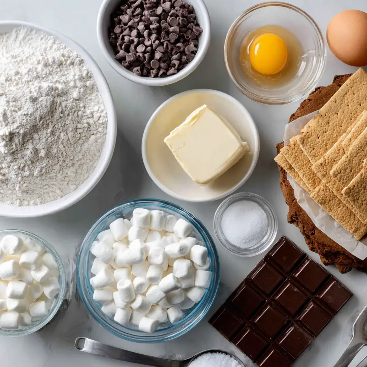 ingredients for s’mores cookie recipe arranged in bowls on countertop