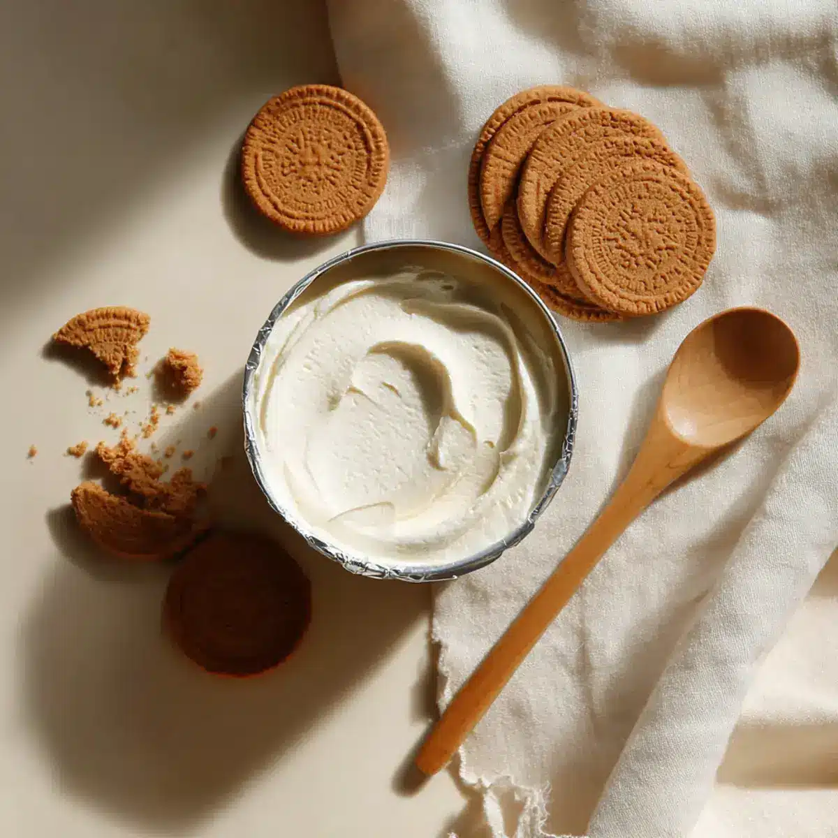 Ingredients for 2 ingredient Japanese cheesecake no bake including a tub of full-fat Greek yogurt and a sleeve of Biscoff Lotus cookies on a cream linen surface