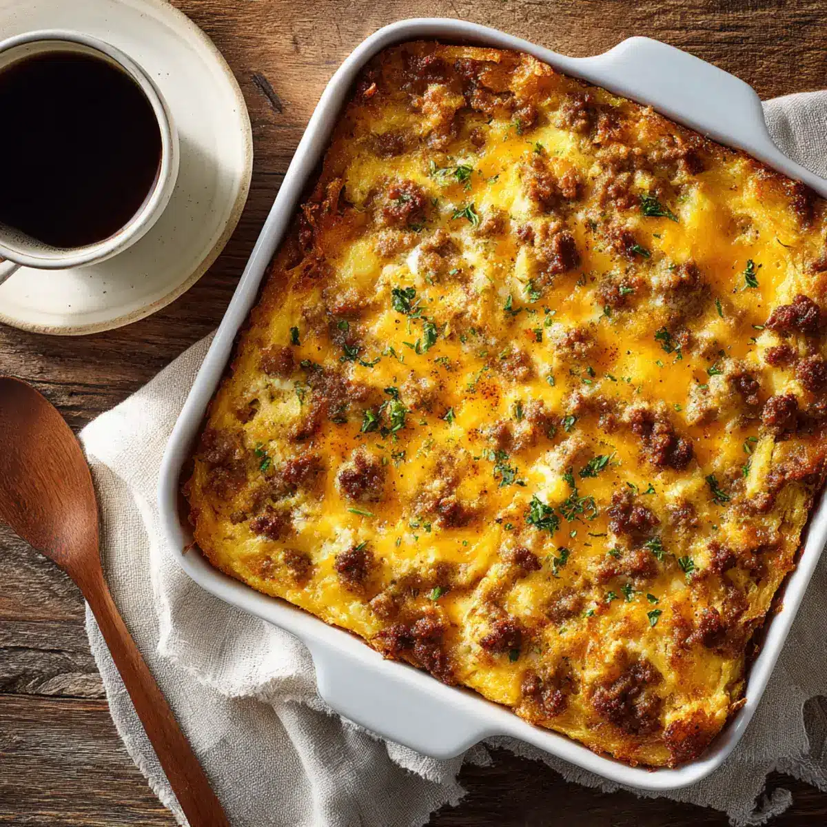 Golden cheesy breakfast casserole with sausage and hash browns in a white baking dish on a wooden table
