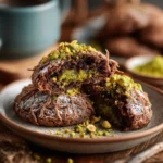 chewy Dubai chocolate cookie with pistachio filling and cocoa dusting