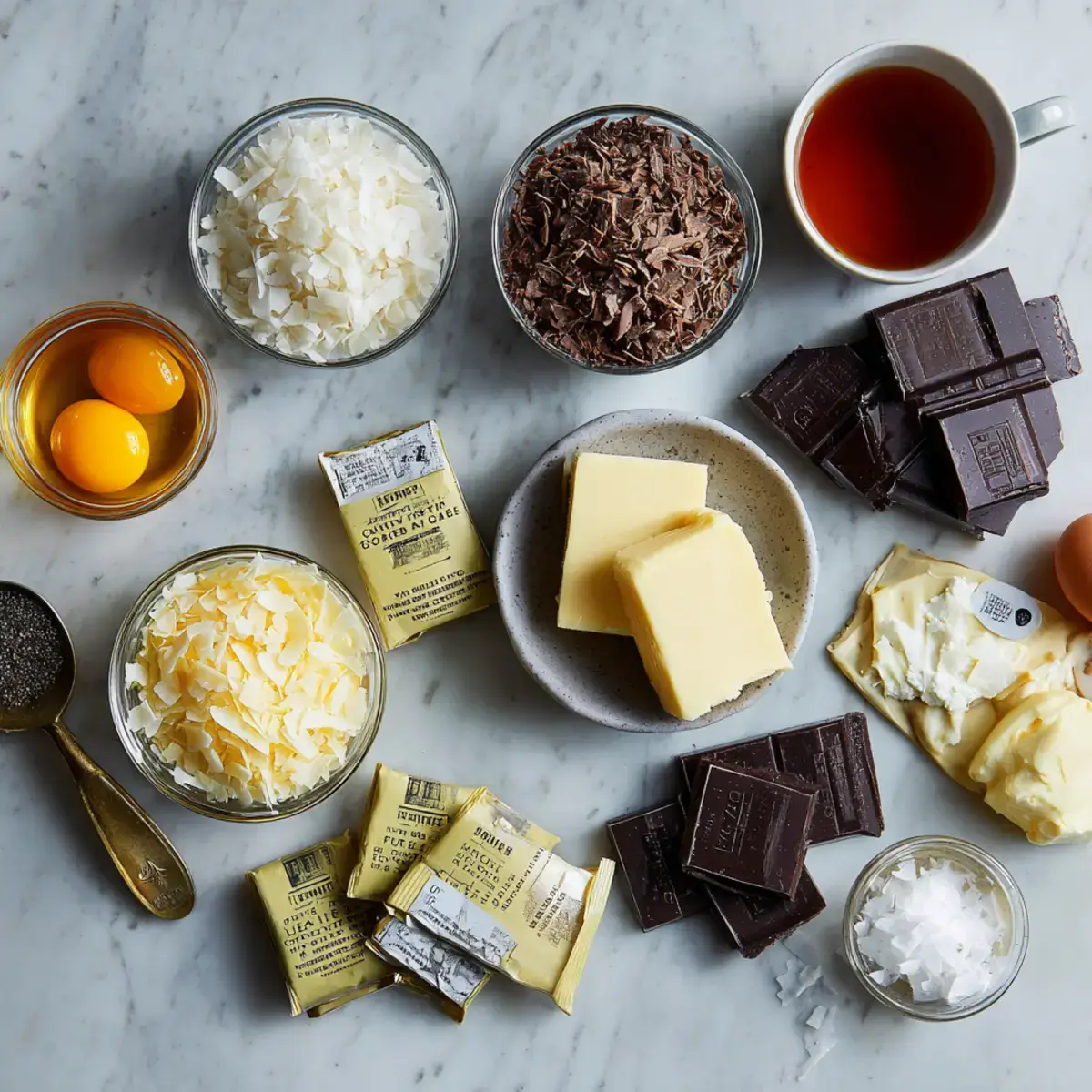Ingredients for Earl Grey Chocolate Tart including tea, chocolate, and coconut Filename: earl-grey-chocolate-tart-ingredients.jpg Caption: Simple ingredients for making Earl Grey Chocolate Tart at home Description: Flat lay of measured ingredients for Earl Grey Chocolate Tart including coconut flakes, chocolate, tea, and cream