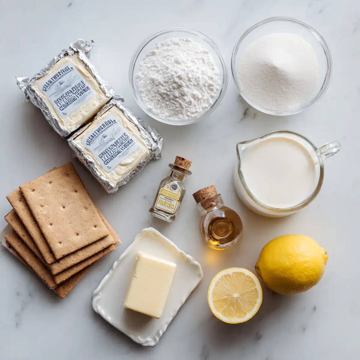 Ingredients for Philadelphia no bake cheesecake including cream cheese blocks, heavy cream, graham crackers, powdered sugar, butter, vanilla and lemon