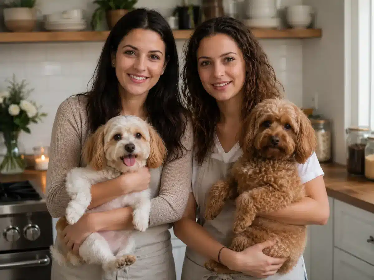 Emma Frost and Ella Frost with their dogs in a cozy home kitchen setting