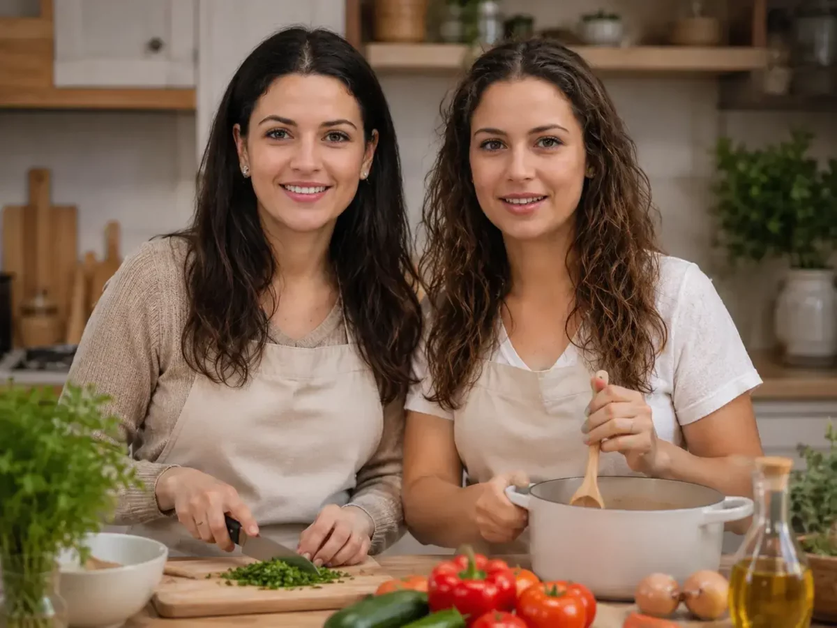 Emma Frost and Ella Frost, founders of The Cooking Twins, cooking together in a bright modern kitchen