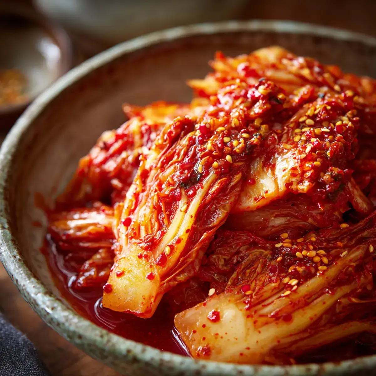 fermented cabbage kimchi in ceramic bowl with red chili paste