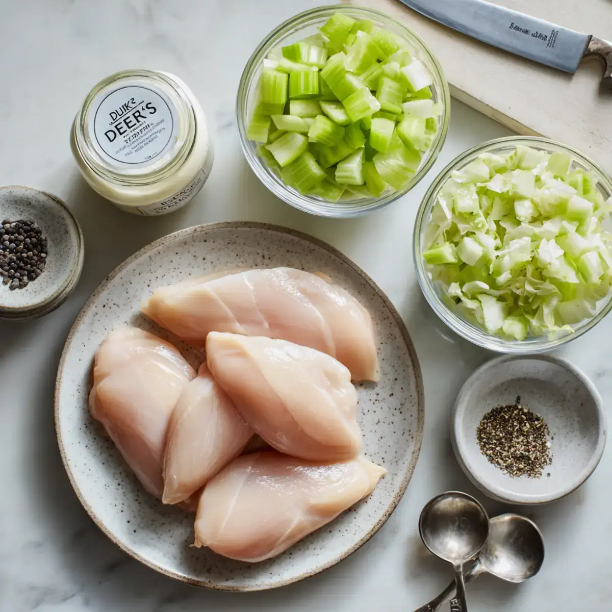 Ingredients for Jersey Mike's chicken salad recipe -- chicken breast, celery, Duke's mayo, black pepper
